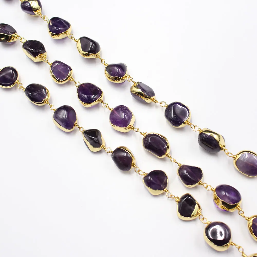 

APDGG 1 Meter 10mm Natural Amethyst Gold Plated Copper Fashion Bezel Set Chain Paperclip Neck Chain Pearl Necklace Making DIY