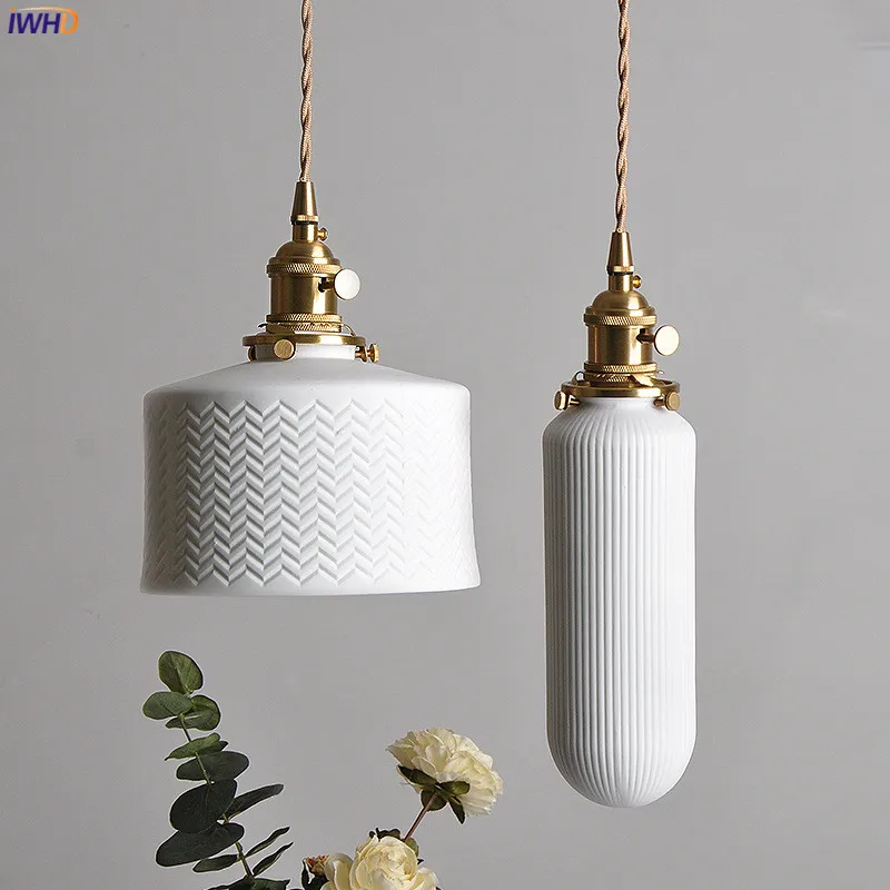 

IWHD Nordic White Ceramic LED Pendant Lights Fixtures Knob Switch For Bedroom Dinning Living Room Modern Copper Hanging Lamp