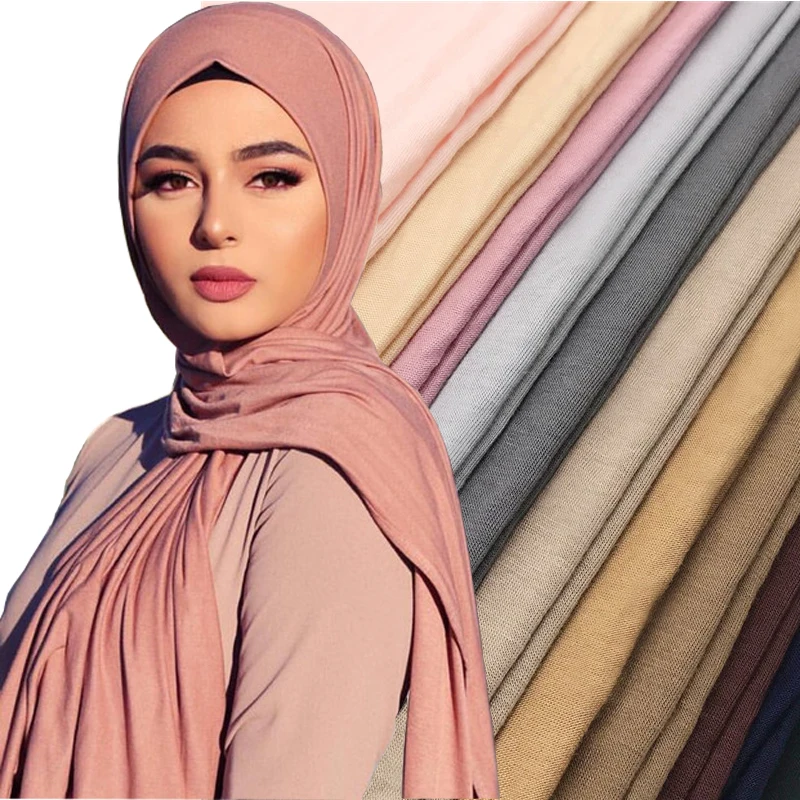 Écharpe Hijab en Jersey Uni pour Femme, Châle Solide avec Bonne Couture, Turban Doux et Extensible, 170x55cm