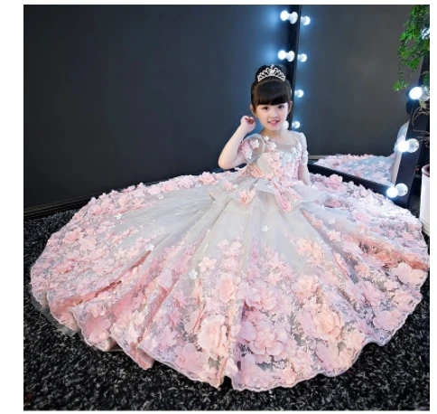 Real Picture New Luxury Flower Girls Dress Princess Dress Lace 3D Flowers Applique Puffy Tulle Kids Birthday Gown costume