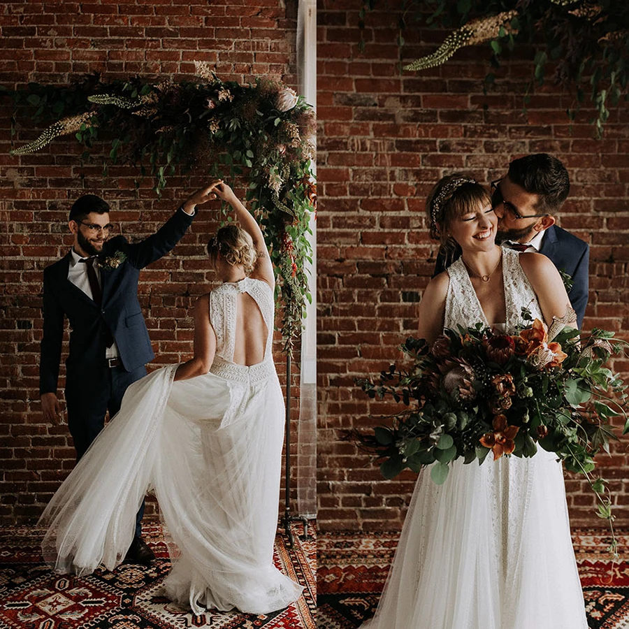 Vestido de novia romántico de encaje punteado de tul, vestido de novia de playa hecho a medida con cuello Halter, fotografía, Espalda descubierta, espalda cruzada, vestido de boda rústico