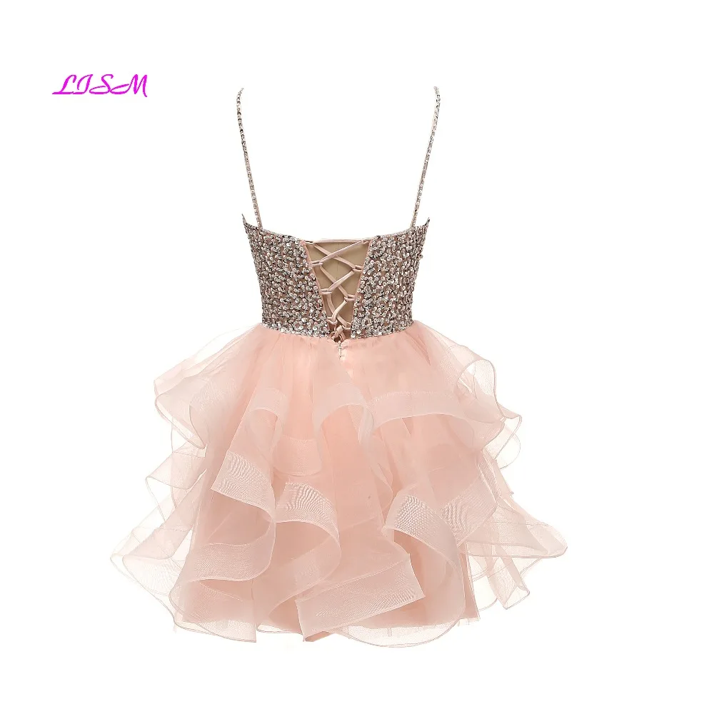 Spaghetti Beaded Bodice Mini Homecoming Dress Tulle Short Prom Dresses Sequin Crystals Party Gowns 8 grade graduation dress 2022