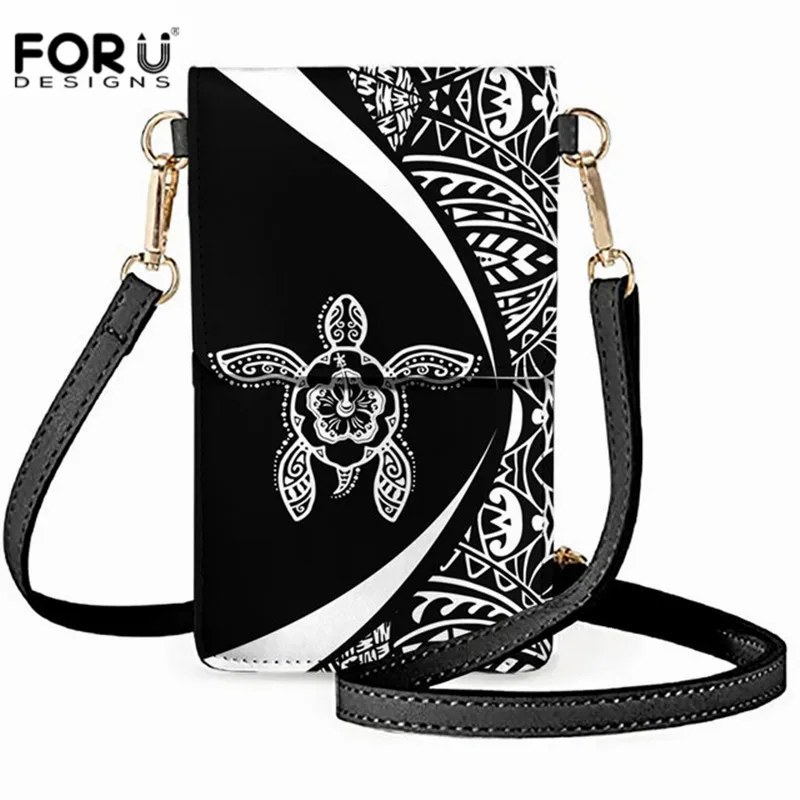 Black Mobile Phone Bag Hawaiian Tribe Turtle Printed Leather Crossbody Bag Touch Screen Bag for Women Mini Shoulder Bags Purse