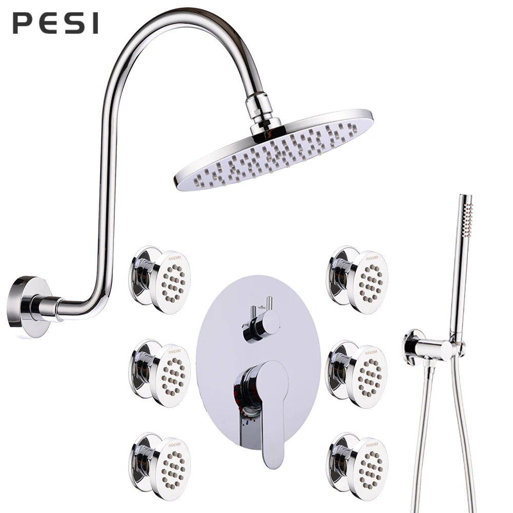 8/10/12 inch Solid Brass Shower Set Bathroom Round Head Faucet Luxury Chrome HandShower Diverter Mixer Handheld Spray Set.