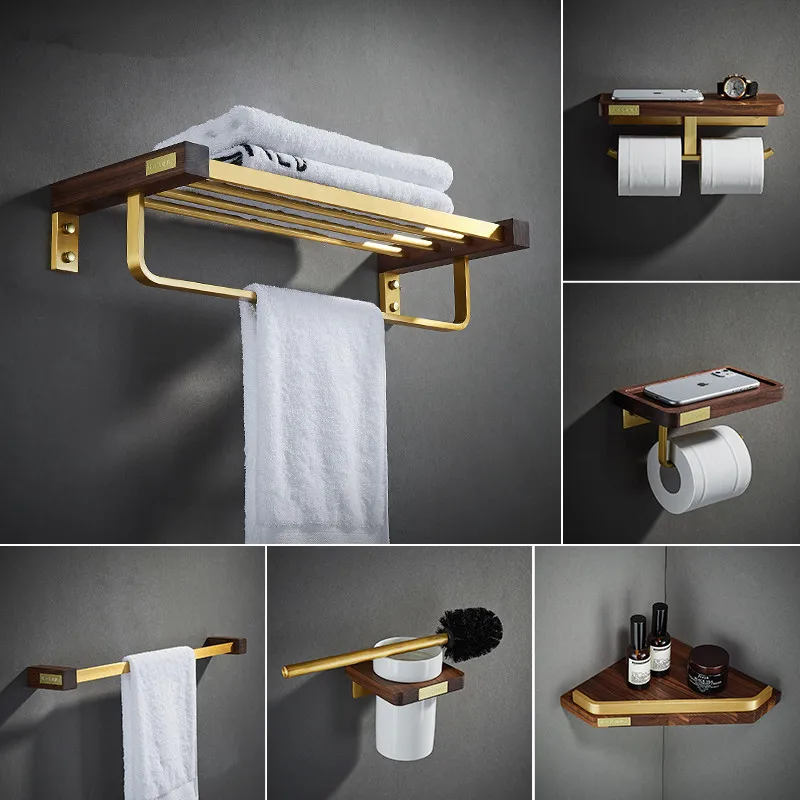 Aluminum & Black Walnut Bathroom Accessorie Set Towel Rack Toilet Brush Holder Bathroom Shelf Paper Rack Robe Hook Bath Hardware