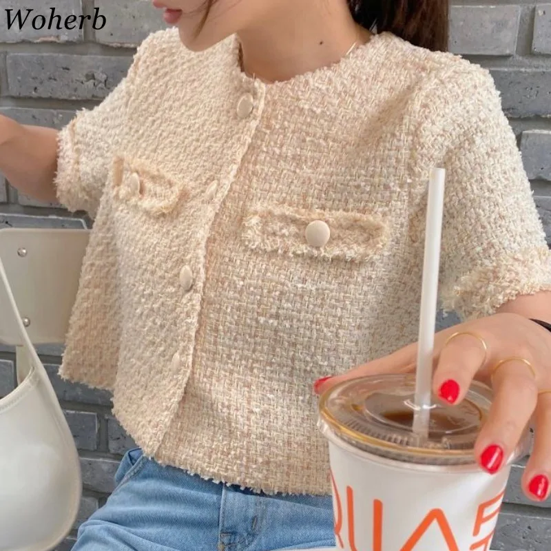 Woherb 2025 New Summer Korean Casual Tweed Jackets Women Short Sleeve Elegant Coats Office Lady Outwear Crop Top Femme