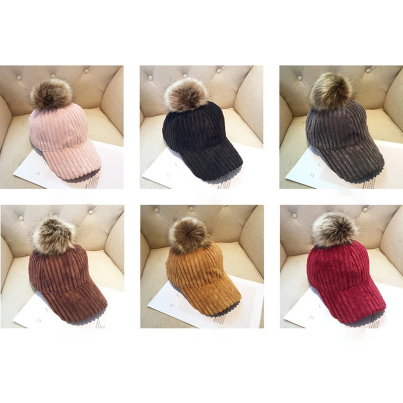 2019 Bola Rambut Korduroi Topi Wanita Musim Gugur Musim Dingin Topi Bisbol Gaya Fashion Dapat Disesuaikan Topi Wanita Hangat Kasual Streetwear