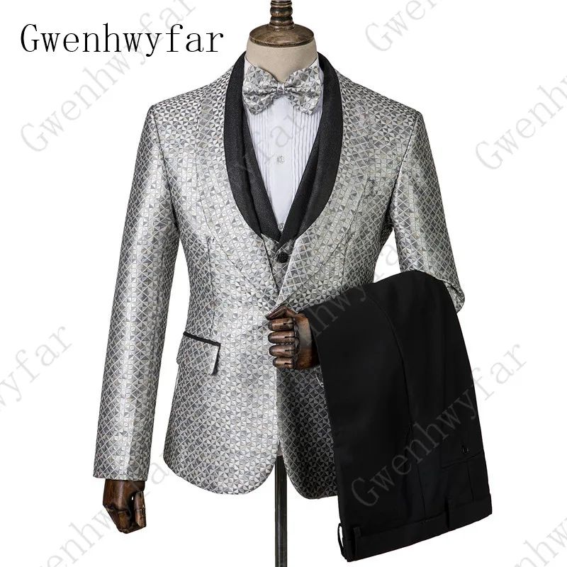 

Gwenhwyfar Men's Scale Pattern Jacquard Suits Wedding Prom 3 Piece Suit (Jacket+Vest+Pants) Stage Singer Performance Costume