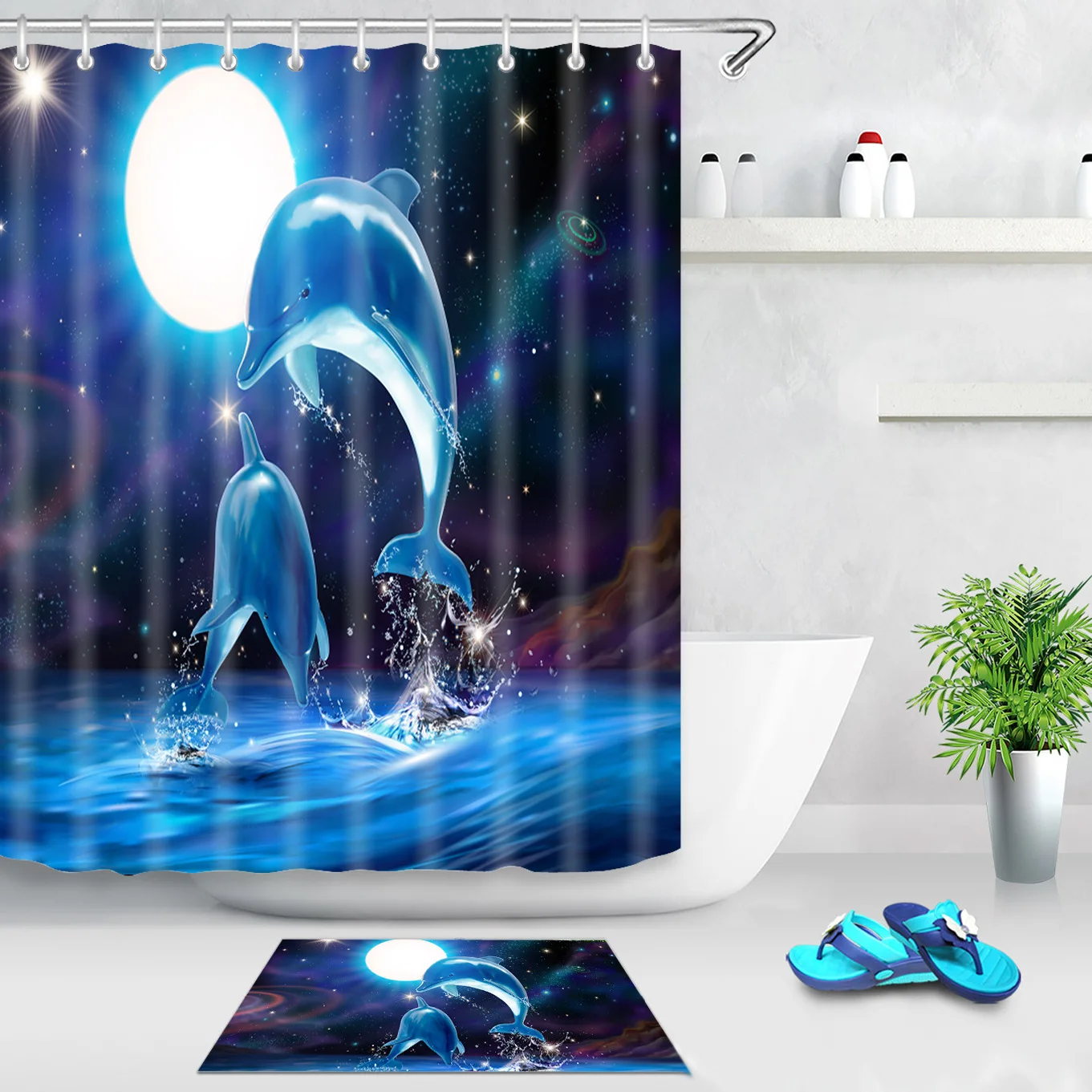 Underwater World 3D Printing Dolphin Waterproof Bathroom Blackout Curtains Without Perforation Home Decoration Cortina De Baño