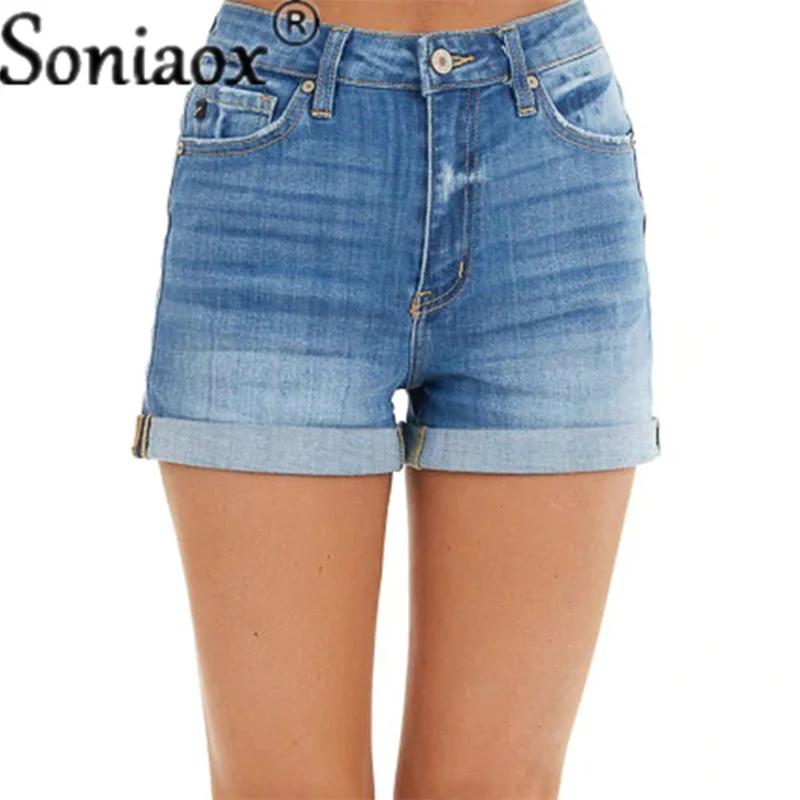 2021 Women's Denim Shorts Vintage High Waisted Blue Crimping Straight Jean Pants Female Casual Summer Ladies Street Jeans Shorts