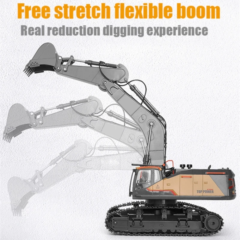 Realistic Simulation RC Excavator 680 Degree Rotation 22-CH Alloy Bucket Flexible Boom LED Light 30Mins Endurance Alloy RC Truck