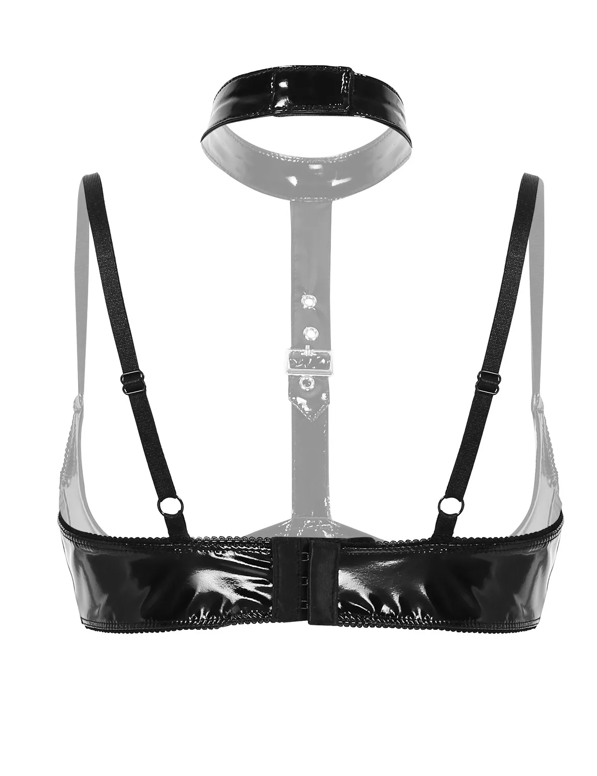 Sexy Womens Wet Look Patent Leather Lingerie Halter Neck Adjustable Straps Open Cups Wire-free Clubwear Costumes Shelf Bra Tops