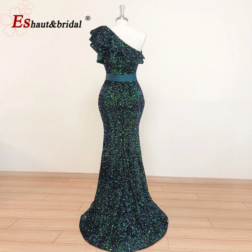 Elegante um ombro sereia noite vestido para mulher 2023 lantejoulas veludo plus size longo formal casamento festa de hóspedes vestidos