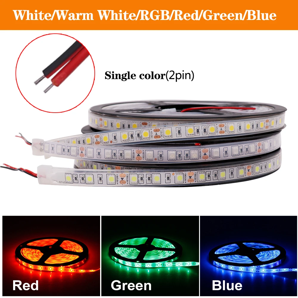 LED Strip 5M 12V 5050 Flexible Led Stripe 60LED/m RGB / White / Warm White / Blue / Green / Red Ledstrip Waterproof Ribbon Diode