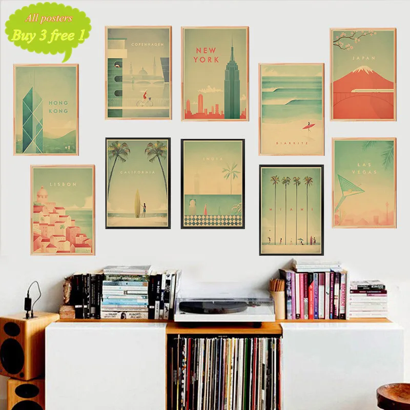 City Travel poster Landscape Illustration Landmark Posters Kraft Paper Paintings Wall Art Pictures for Living Room Bar Decor