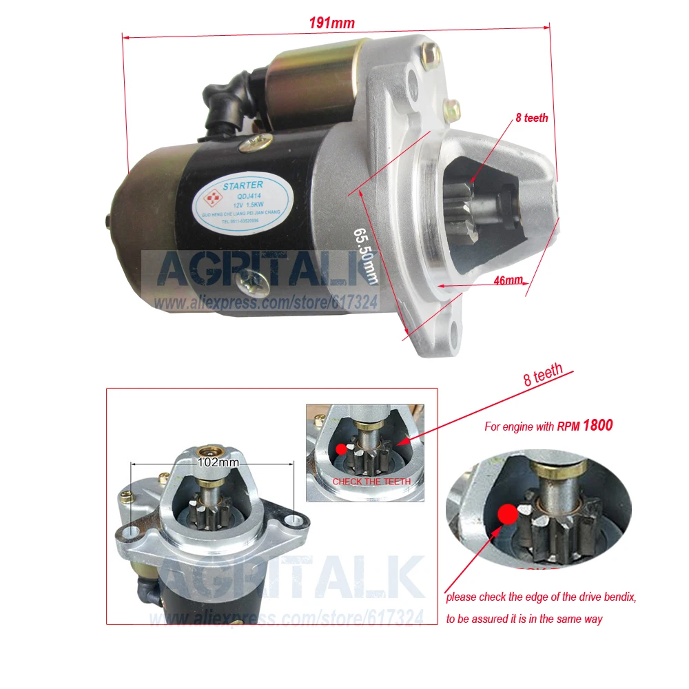 170F 178F 186F 188F 192F engine parts, starter motor QDJ414 , please check rotation of the starter