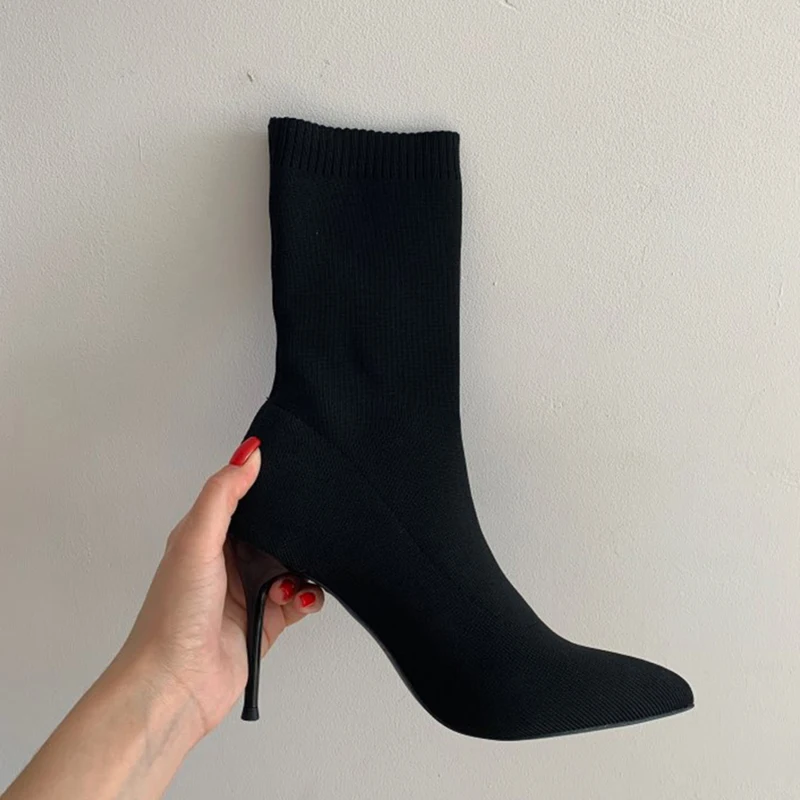 2023 Luxury Women Beige Black Sock Boots Stiletto Thin High Heels Elastic knitting Boots Winter Stretch Fabric Boots Plus Size