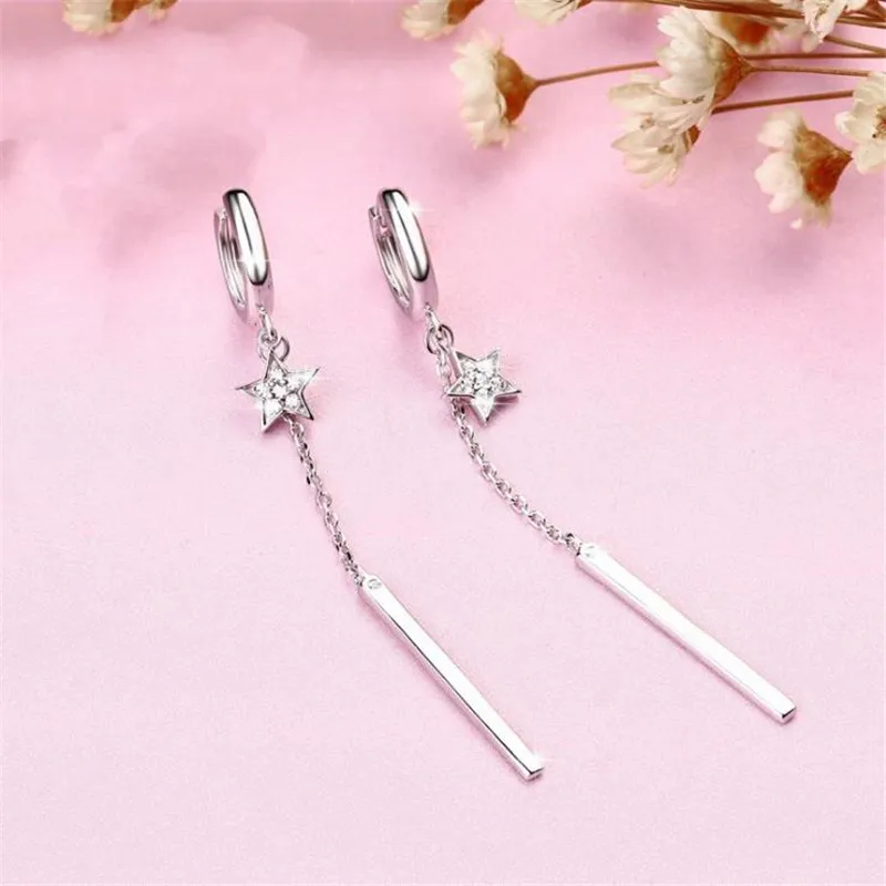 Trendy Silver 925 Earrings Female Drop Accessories Bright Crystal Star Long Earring For Women Jewelry Lady Birthday Gift
