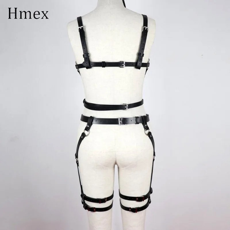 HMEX Leather Harness Underwear Set Goth Garter Belts Women Straps Bra Garter Sexy Body Belts Waist To Leg Bondage Cage