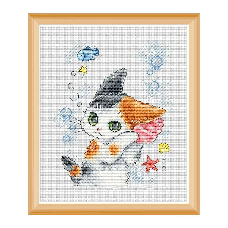 

Cute Cartoon Cross Stitch Kit D846 Listen to Conch Song Three Flowers Cat Home Handmade Embroidery Decoration Painting