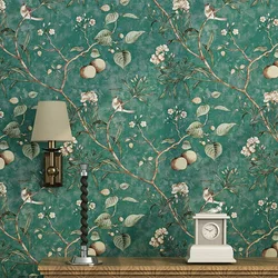 Country Wallpaper, Idyllic Style, Retro Nostalgic, Living Room, Bedroom, Dark Green, Flowers and Birds, TV Background Wall