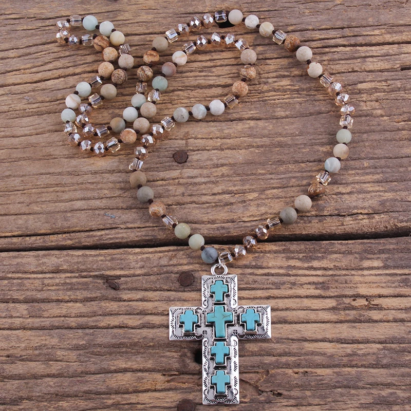 RH Fashion Bohemian Jewelry Accessory Multi Natural Stones Knotted Metal Blue Cross Necklace Women Boho Gift Dropship