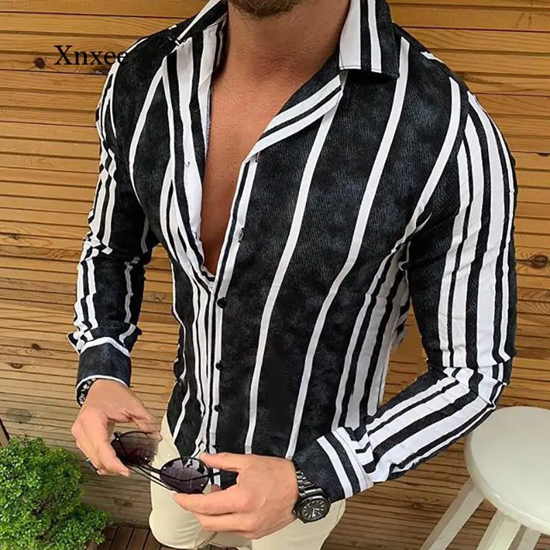 Lente En Herfst Mannen Grote Maat Casual Shirt Gestreepte Decoratie Single-Breasted Revers Lange Mouwen Ademende Fashion