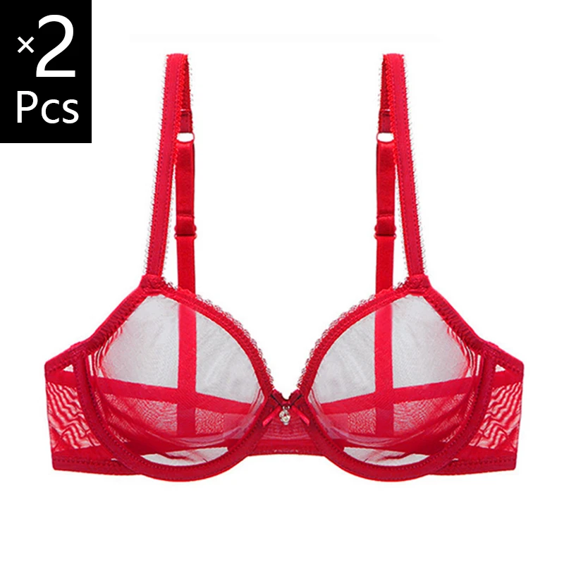 2 Piece Mesh Transparent Bras For Women Plus Size Sexy Lingerie Underwire Push Up See Thourgh Female Lace Brassiere Top A B C D