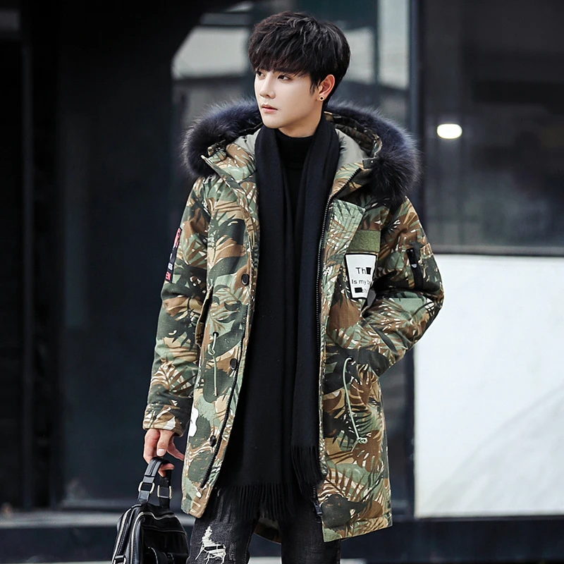 Inverno camuflagem para baixo jaquetas homens longo parkas grosso quente luxo destacável gola de pele pato branco para baixo casacos blusão