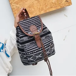 National Style Stripes women backpack vintage Drawstring Female backpacks Canvas Gym Bag Travel Daypack Student School bags