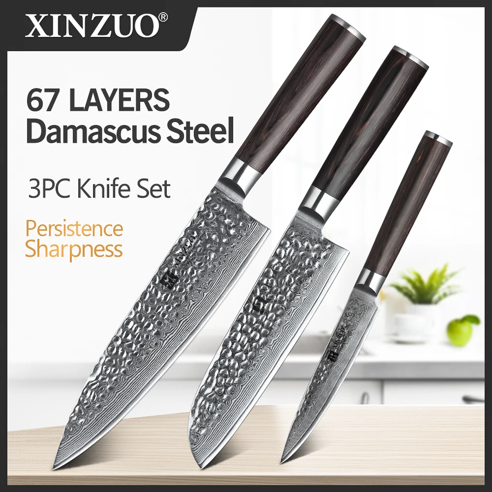 

XINZUO 3 PCS Kitchen Knives Sets Damascus Steel Knife Chef Gyuto Steak Knife Stainless Steel Cleaver BBQ Tools Pakkawood Handle