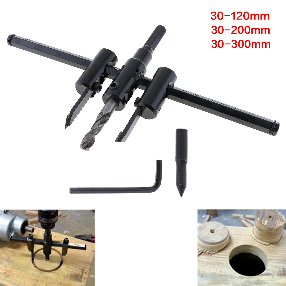 

30-120/200/300mm Alloy Steel Circle Hole Saw Drill Bit Adjustable Aircraft Type Cordless Wood Cutter Tool Kit for Woodworking