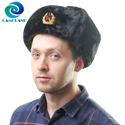 CAMOLAND Winter Thicker Faux Fur Earflap Hats Men Soviet Army Military Badge Russian Ushanka Hat Warm Bomber Hat Snow Caps