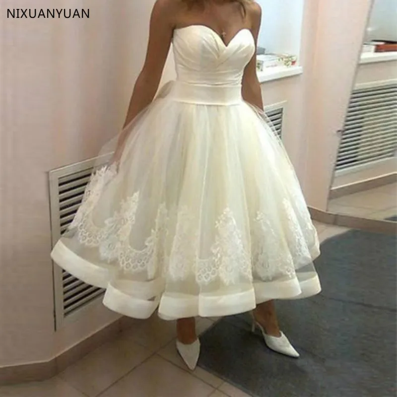 2023 Little Ball Gown Short Wedding Dresses Sweetheart Bridal Gowns Tea Length Lovely Vestido De Novia Robe Mariage