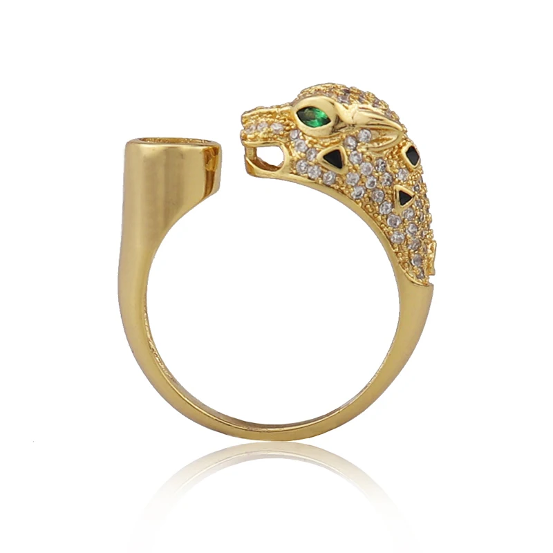 

Fashion classic leopard head opening copper zircon gold ring green eyes European Dubai banquet gift