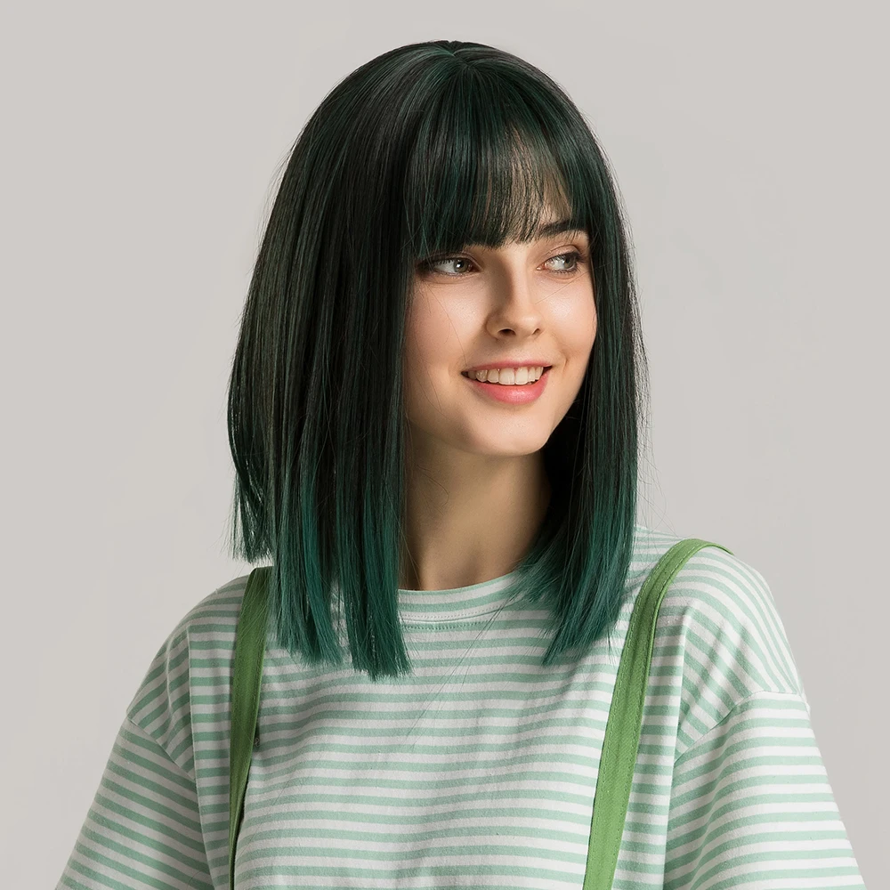 GEMMA Short Straight Ombre Green Lolita Bobo Synthetic Wigs with Bangs Cosplay Party Heat Resistant Hair Wigs for Women Girls