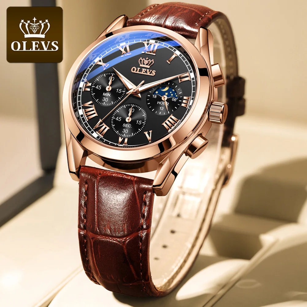 OLEVS Top Brand Luxury Quartz Watch for Men Luminous Moon Phase Watch for Men Waterproof Stop Watch