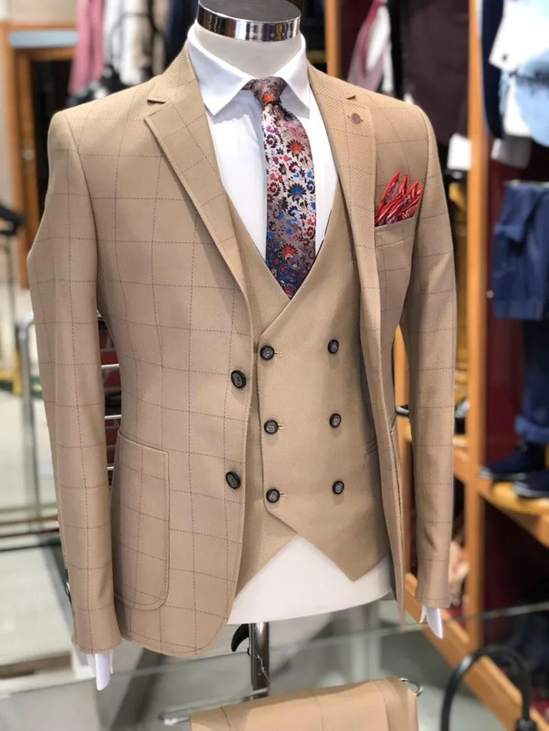 Custom Made Men's Suit 2020 Wedding Tuxedos Formal Plaid Best Man Suits Groom Wear Tuxedos 3 Pieces Suits (Jacket+Pants+vest) image 3