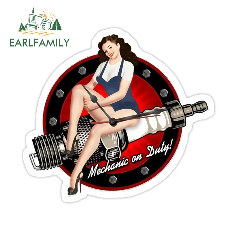 EARLFAMILY 13cm x 11.9cm Spark Plug Pin Up Girl Decal Hot Rod Car Sticker Mechanic on Duty Cartoon Car Styling Auto Moto Decor