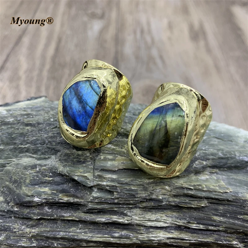 

10pcs Wholesale Large Natural Flash Labradorite Stone Adjusable Rings For Women MY210634