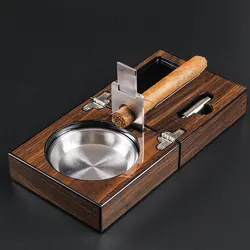 Multifunctional Cigar Ashtray Foldable Walnut Wood Box Include Cigar Cutter Holder And Hole Opener Smoking Accessories