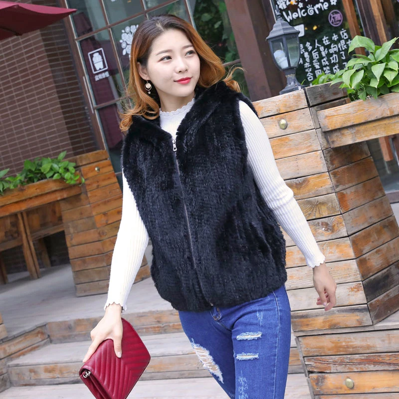 Genuine Mink fur knitted hooded vest slim mink hair knitted vest female Fashion Mink knit vest