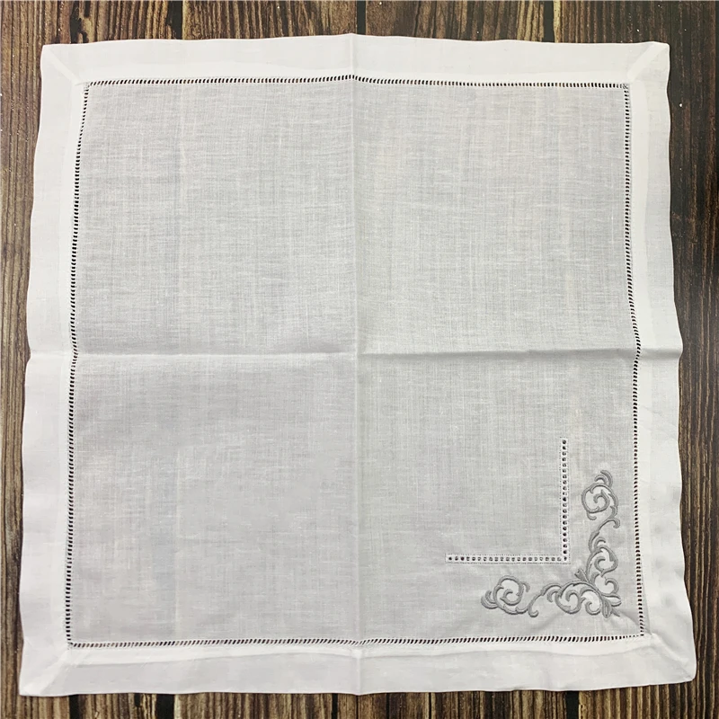 Set of 12 Dinner Napkins white Hemstitched linen Table Napkin Color Embroidered 20x20-inch