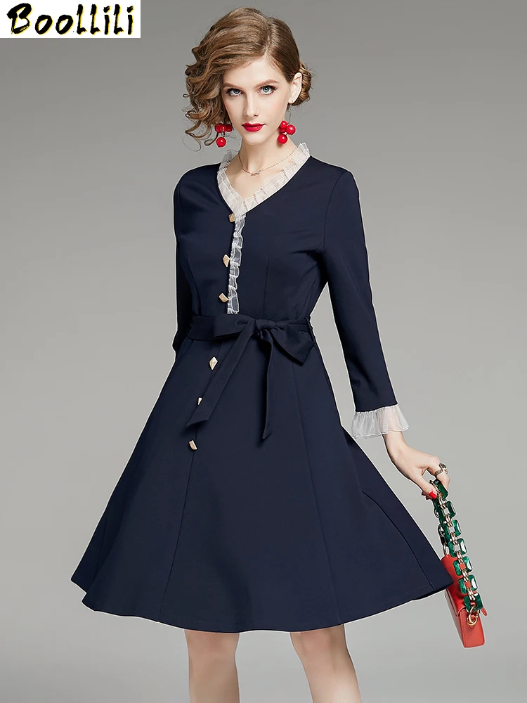 

Spring Summer Boollili Dress 2023 Vintage Elegant Office Dress Women Cotton Midi Blue Dress Ladies Dresses Vestidos
