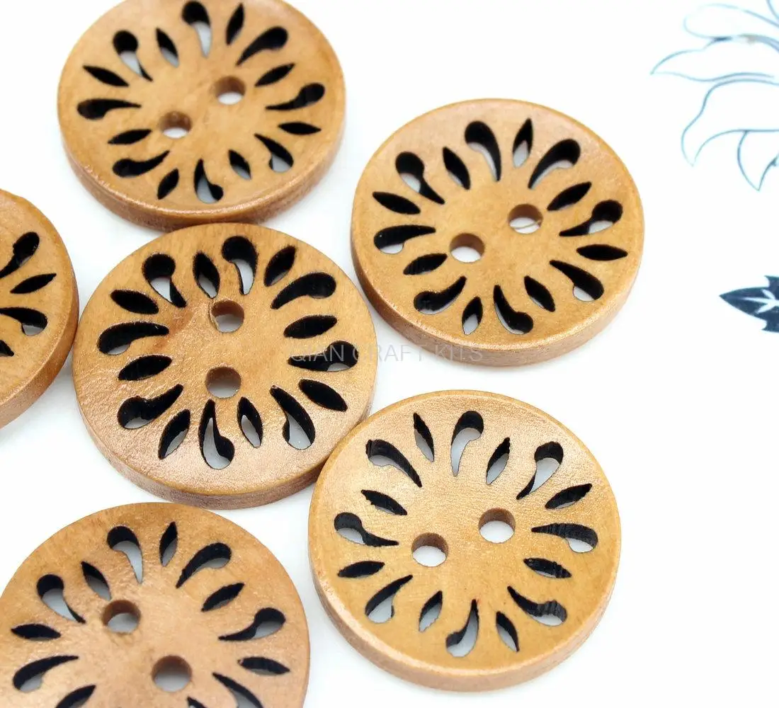 200pcs Flower filigree Wood Button Light brown 25mm  Carved Wood Buttons, 1