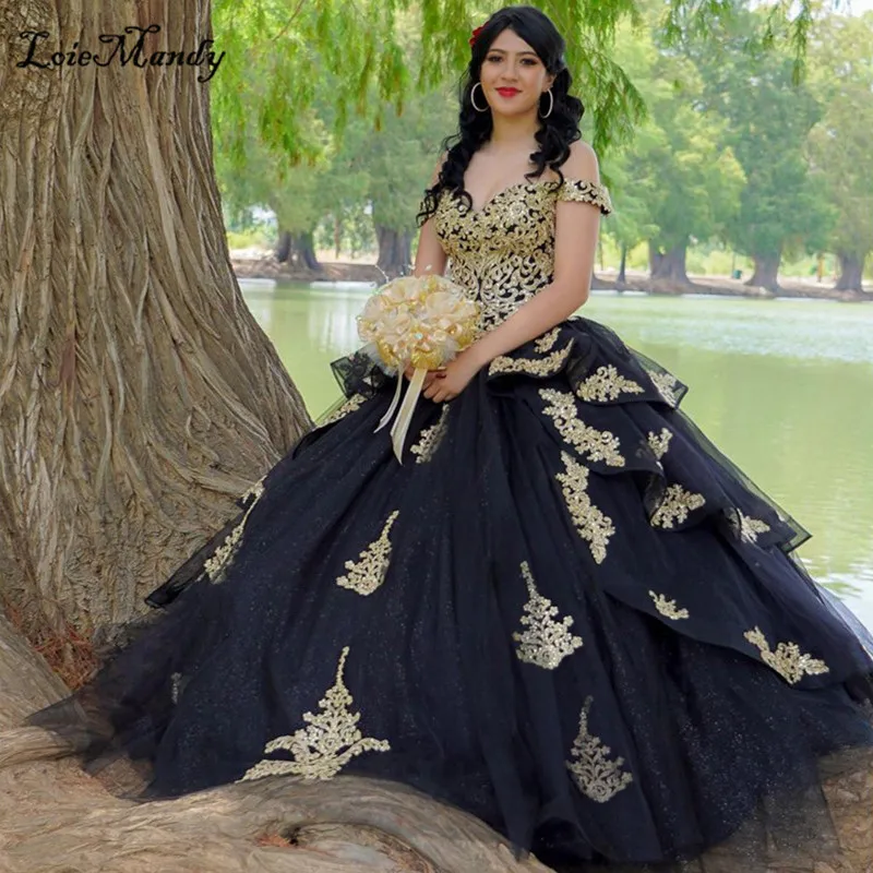 Gaun Pesta Gaun Quinceanera Hitam Gaun Panjang 2022 Seksi Bahu Terbuka Manis 16 untuk Wanita Applique Renda Emas Vestido De 15 Anos