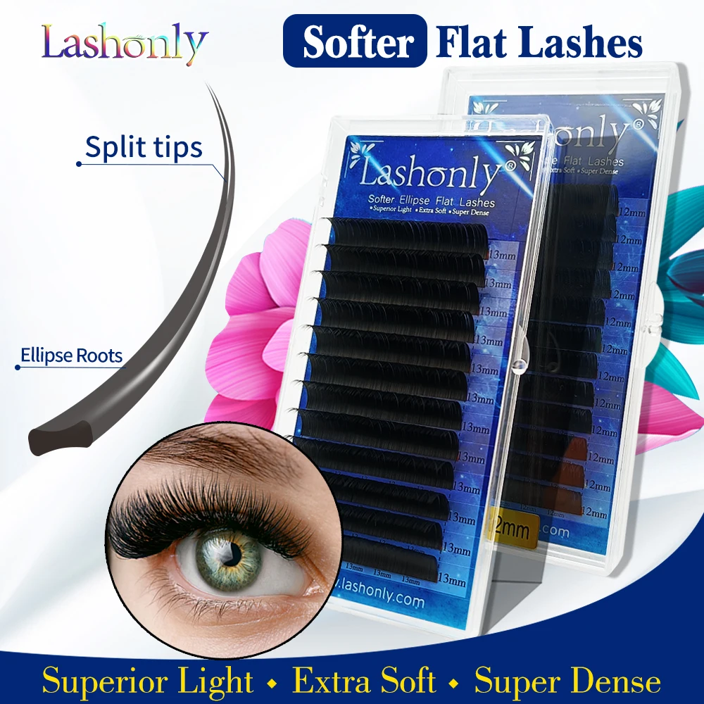 Lashonly Softer Flat Ellipse Eyelash Hand Woven Split Tips Matte False Lash Extension Super Soft Gentle Natural Flat Shape Lash