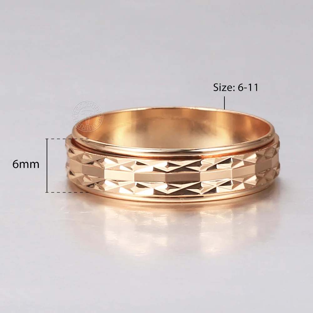 6mm Women Spinner Rings 585 Rose Gold Color Pattern Rotatable Carved Anxiety Ring Wedding Birthday Gifts Dropshipping GR77