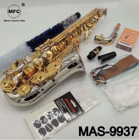 

Music Fancier Club Alto Saxophone MAS-9937 Nickel Plated Gold Keys Sax Alto Mouthpiece Ligature Reeds Neck Musical Instrument