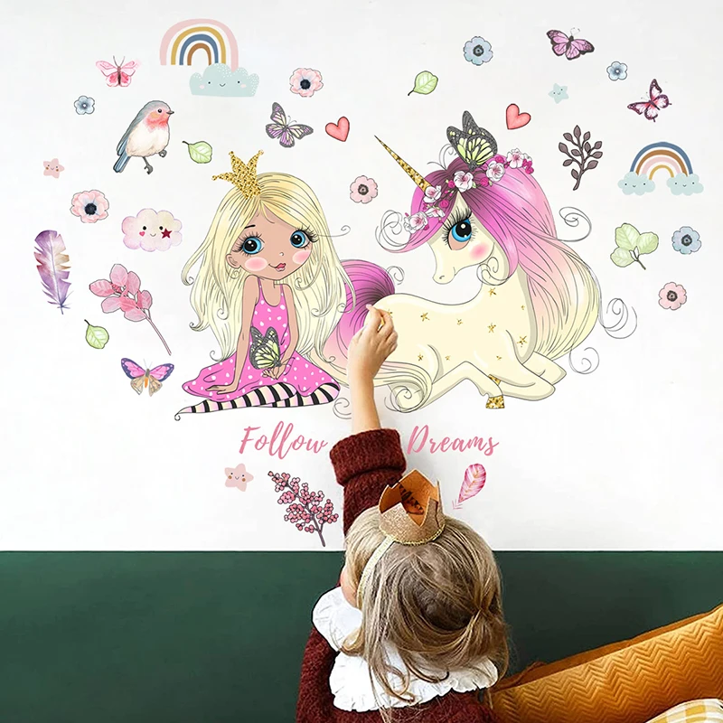 

Cartoon Princess and Unicom Wall Stickers for Baby Girl Bedroom Nursery Decoration Vinyl Wall Decals Home Decor Accessories